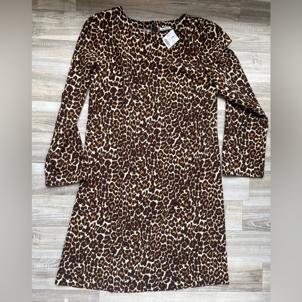 J.CREW LEOPARD PRINT LONG-SLEEVE SHIFT DRESS – SIZE 4 Crepe‎ Knee Length